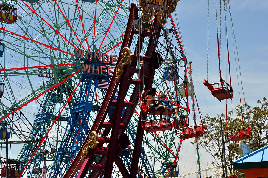 Wonder Wheel and other rides Coney Island Photograph by Diane Lent