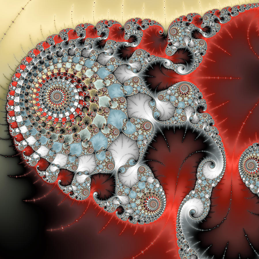 Wonderful abstract fractal spirals red grey yellow and light blue Digital Art by Matthias Hauser
