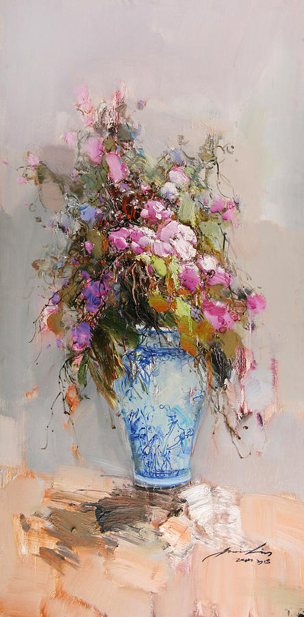 Wonderful blue and white china with pink flowers still life Painting by ...