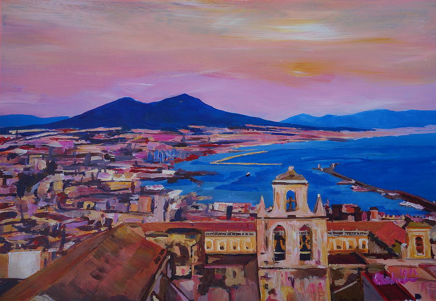 Naples Painting - Wonderful City View of Naples Italy with Mount Vesuvio and Gulf by M Bleichner