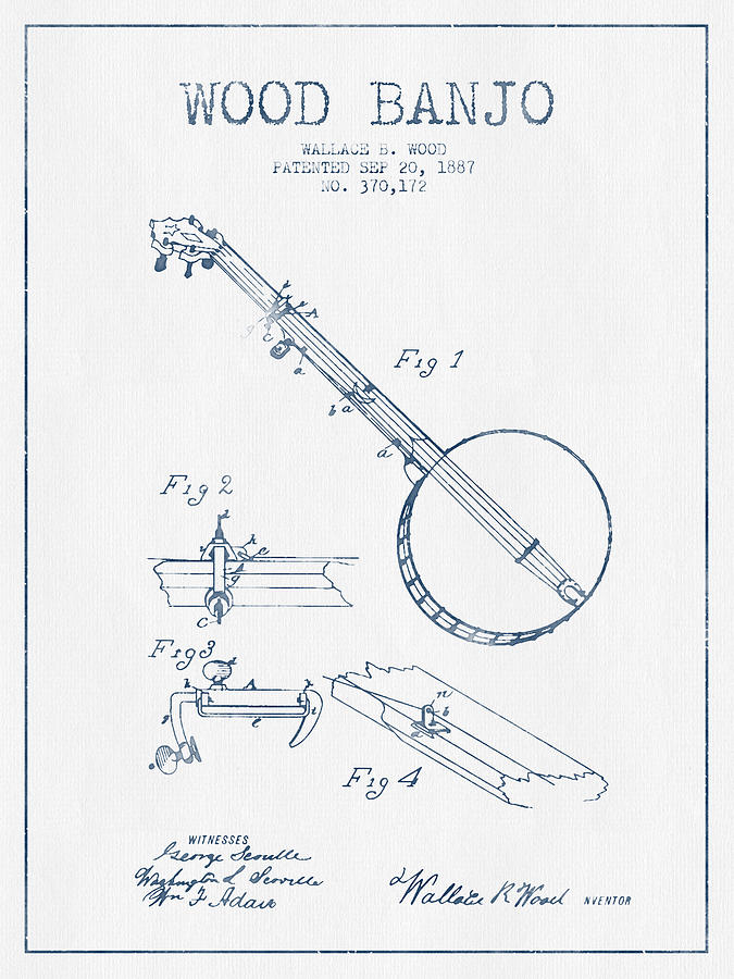 Wood Banjo Patent Drawing From 1887 - Blue Ink Digital Art