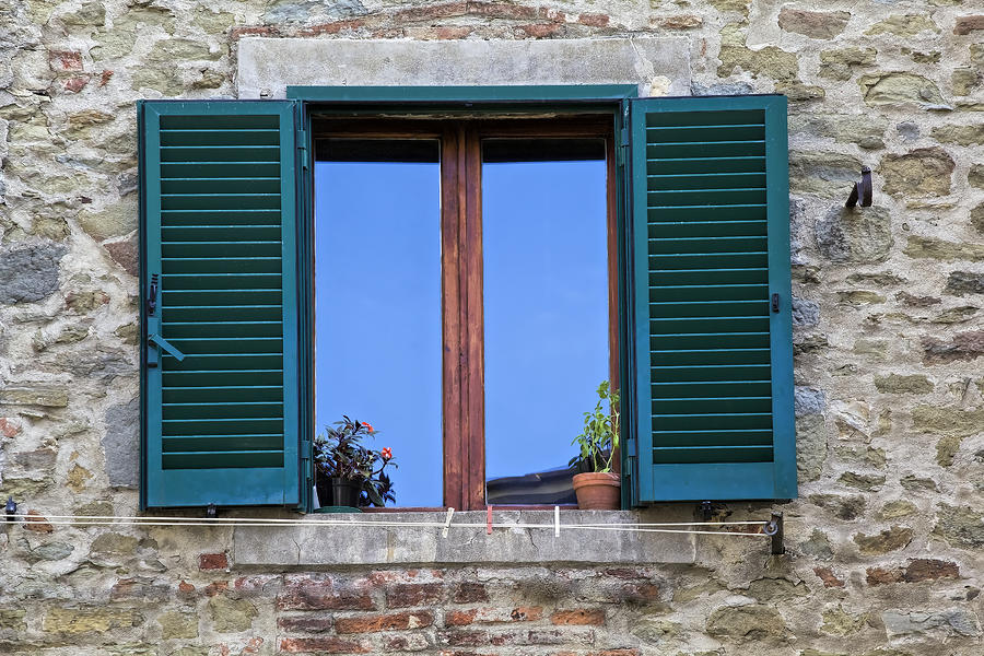 Wood brown Window with Green Shutters of Tuscany Photograph by David Letts