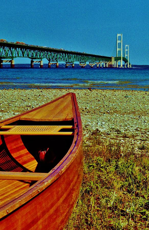 Bridge Photograph - Wood Canoe and The Big Mac by Daniel Thompson
