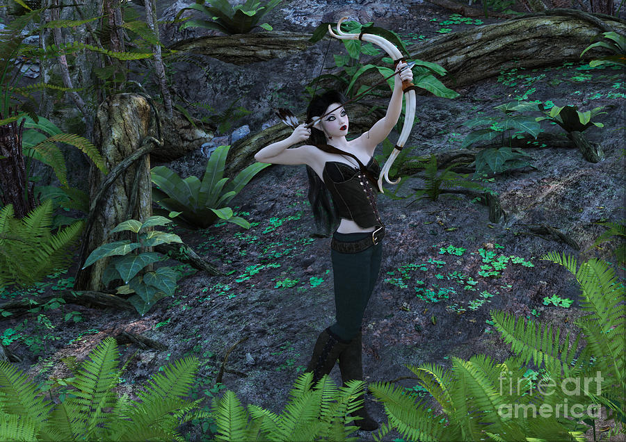 Elf Digital Art - Wood Elf Archer Female in Woods by Elle Arden Walby