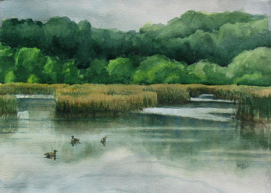 Wood Lake on a cloudy day with ducks Painting by Heidi E Nelson