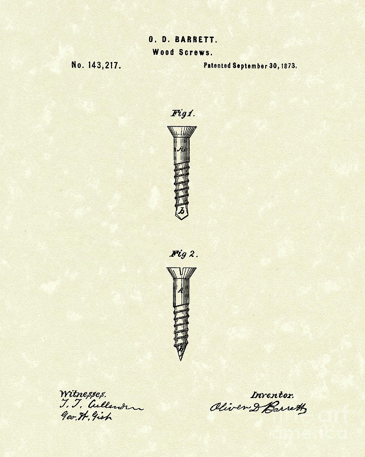 Wood Screw 1873 Patent Art Drawing by Prior Art Design
