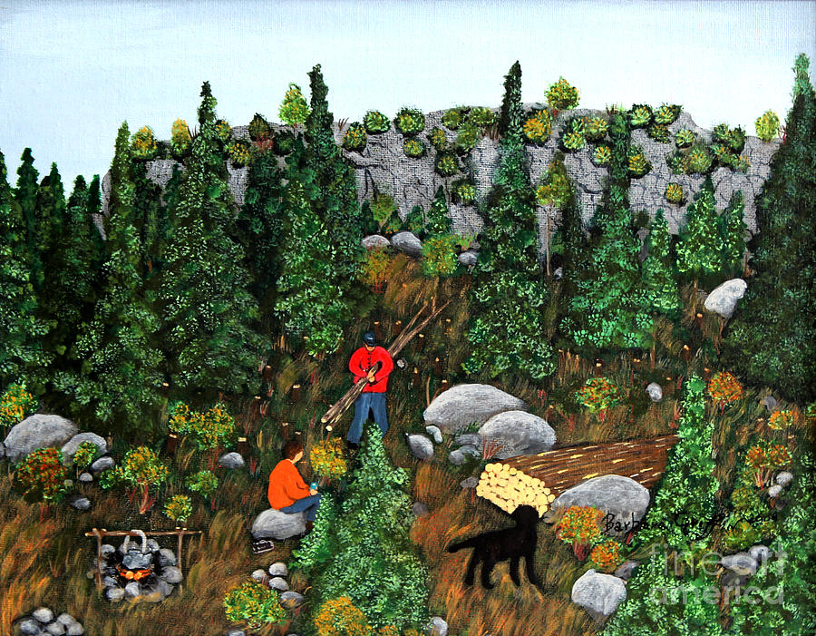 Woodcutters and Black Lab Painting by Barbara A Griffin