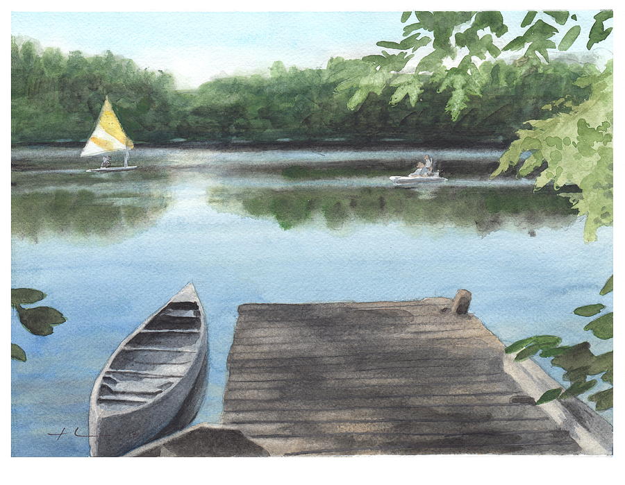 Wooded Lake Watercolor Portrait Painting by Mike Theuer