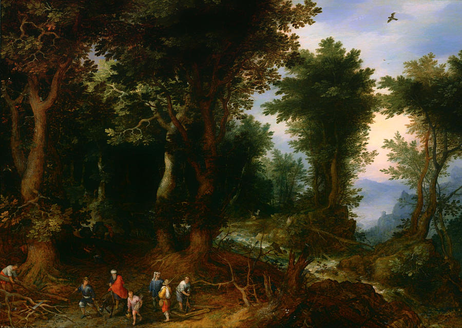Vintage Painting - Wooded Landscape with Abraham and Isaac by Mountain Dreams