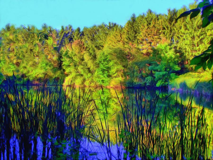 Wooded Shore Through Reeds Digital Art by Dennis Lundell