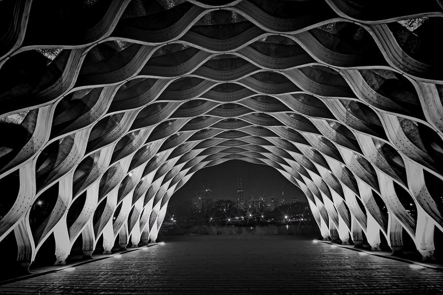 Black And White Photograph - Wooden Archway with Chicago skyline in black and white by Sven Brogren