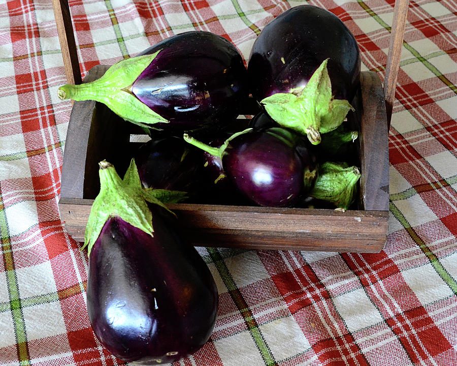 Wooden Basket Of Eggplant Photograph by Jessica Lynn Culver