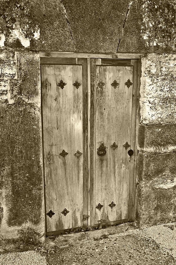 Wooden Doors Mission San Juan sepia Photograph by Alan Tonnesen