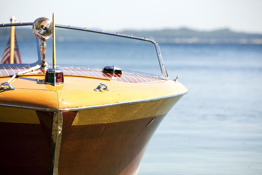 Wooden Lake Michigan Antique Vintage Power Boat In Blue Daylight Photograph by Cbarnesphotography