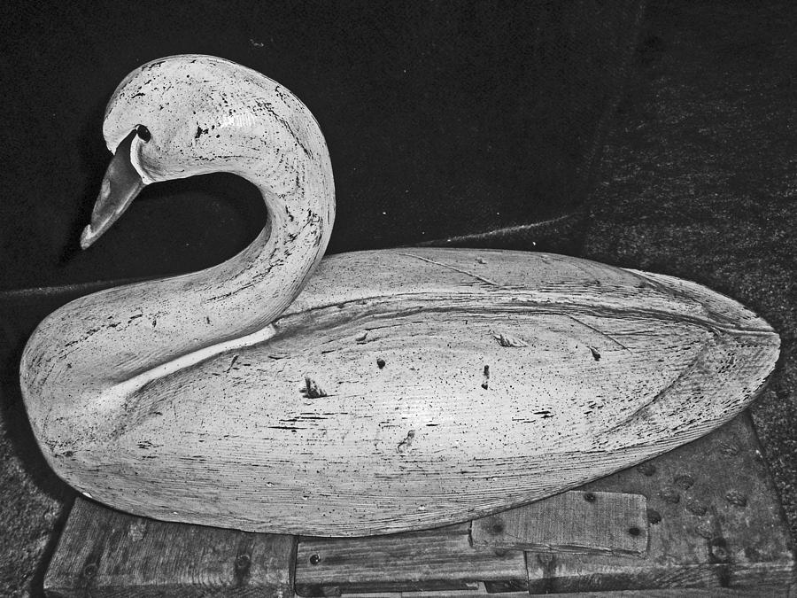 Wooden Swan Decoy - Black and White Photograph by Carol Senske