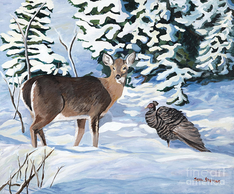 Deer Painting - Woodland Creatures Meet by Stella Sherman