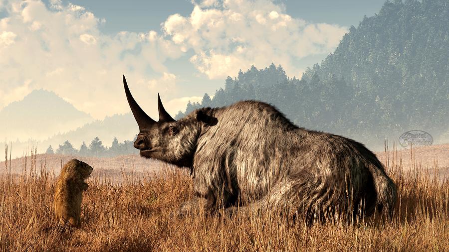 Prehistoric Digital Art - Woolly Rhino and a Marmot by Daniel Eskridge
