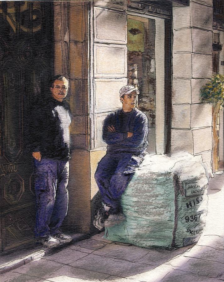 Workers On La Rambla Now Sold Mixed Media by Randy Sprout