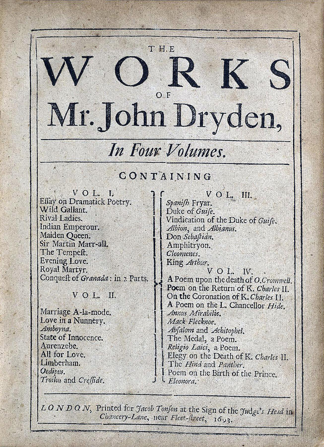Works Of John Dryden, Title Page, 1693 Photograph by Folger Shakespeare Library