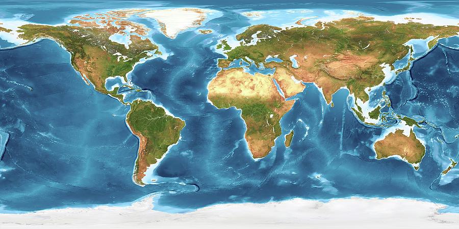 World Land Cover And Sea Floor Topography Photograph by Planetary ...