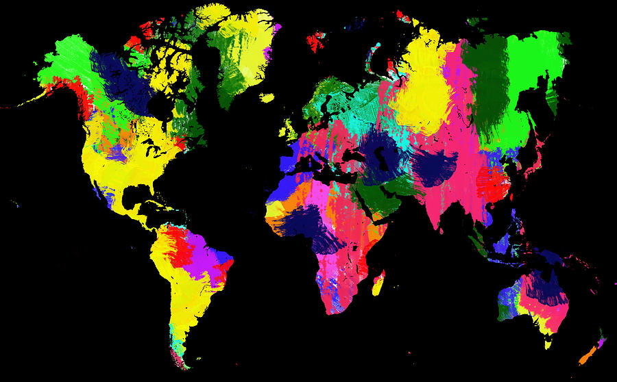 World map acrylic paint on black Painting by Eti Reid