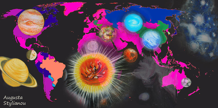 World Map and Planets Digital Art by Augusta Stylianou