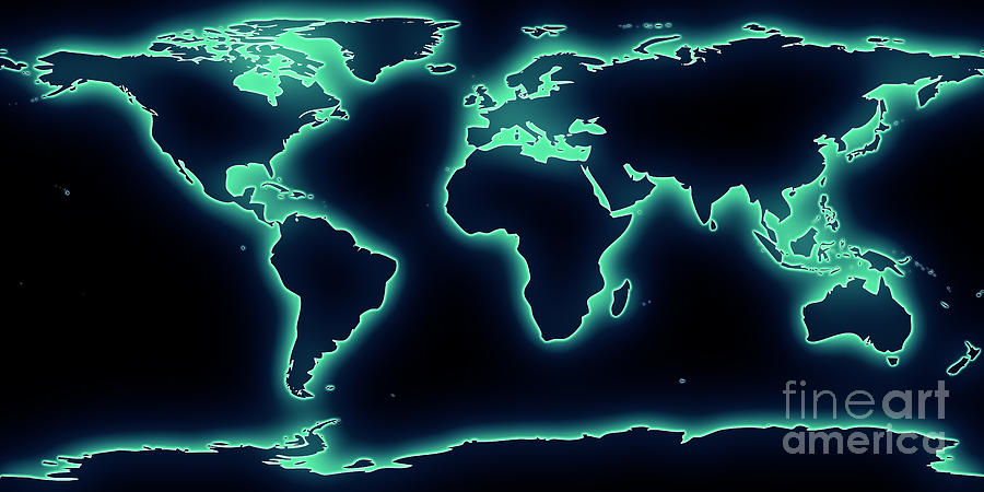 World Map Blue Green Glow by Pixel Chimp