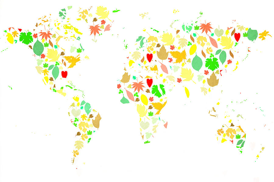 World map colourful leaves  Painting by Eti Reid