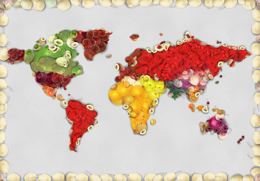 World map fruits and vegetables Painting by Eti Reid