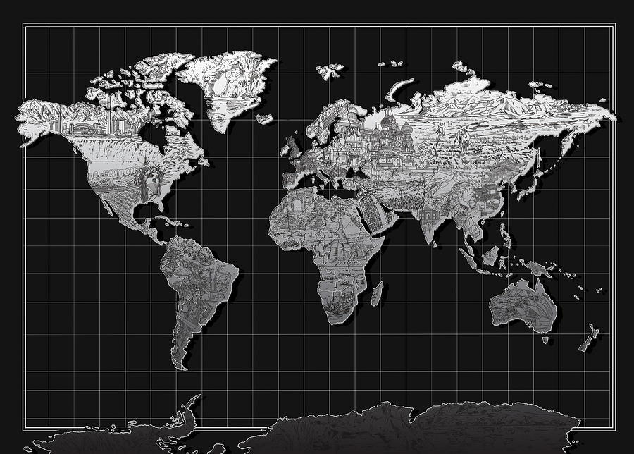 World Map Landmark Black Painting by Bekim M