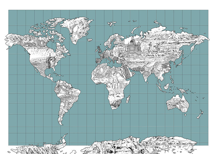 World Map Landmark Collage 3 Painting by Bekim M