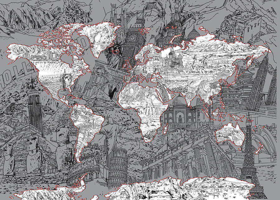 World Map Landmark Collage 5 Painting by Bekim M