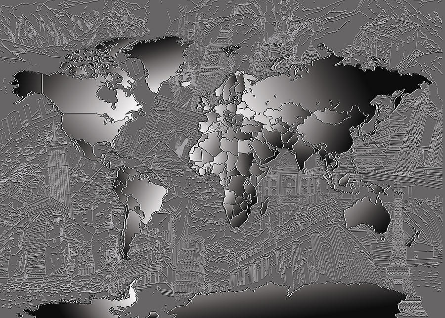 Map Painting - World Map Landmark Collage 6 by Bekim M