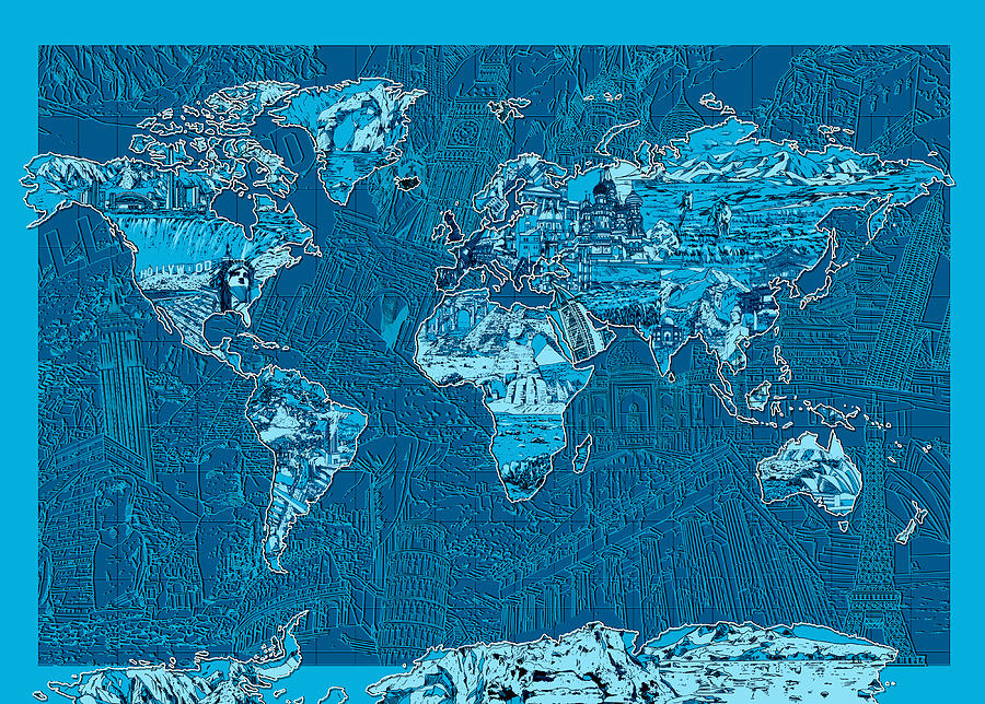 World Map Landmark Collage Blue Painting by Bekim M