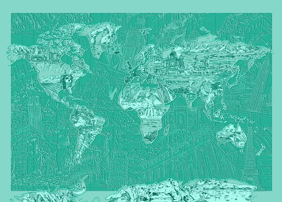 World Map Landmark Collage Green Painting by Bekim M