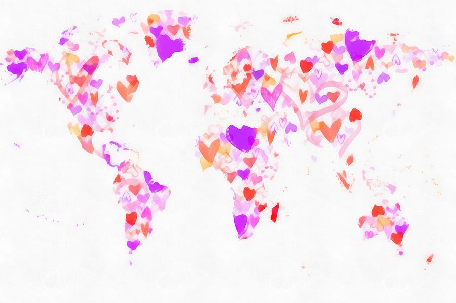 World map love hearts Painting by Eti Reid