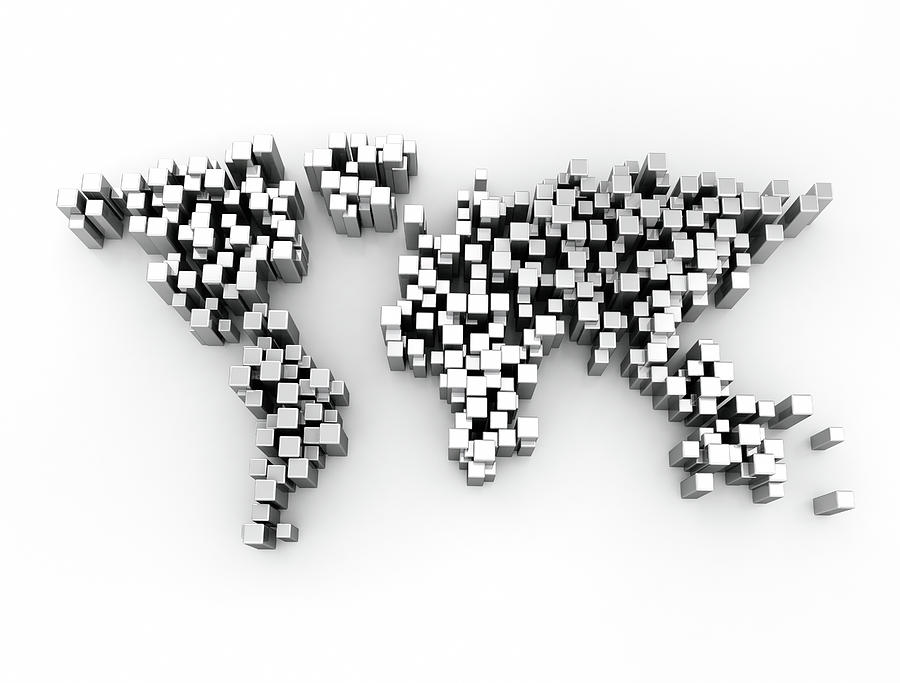 Illustration Photograph - World Map Made Up Of Cubes by Jesper Klausen / Science Photo Library