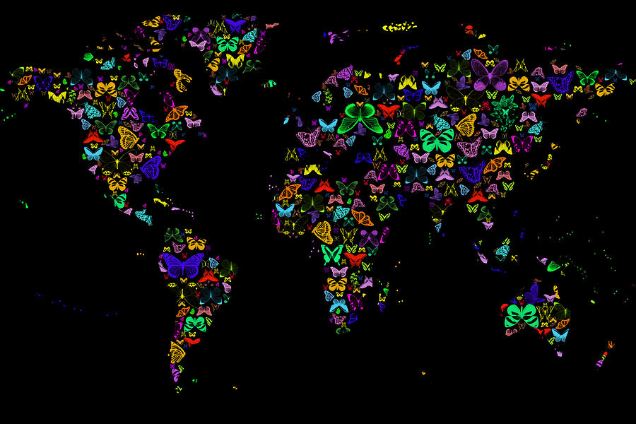 World map neon butterflies on black Digital Art by Eti Reid