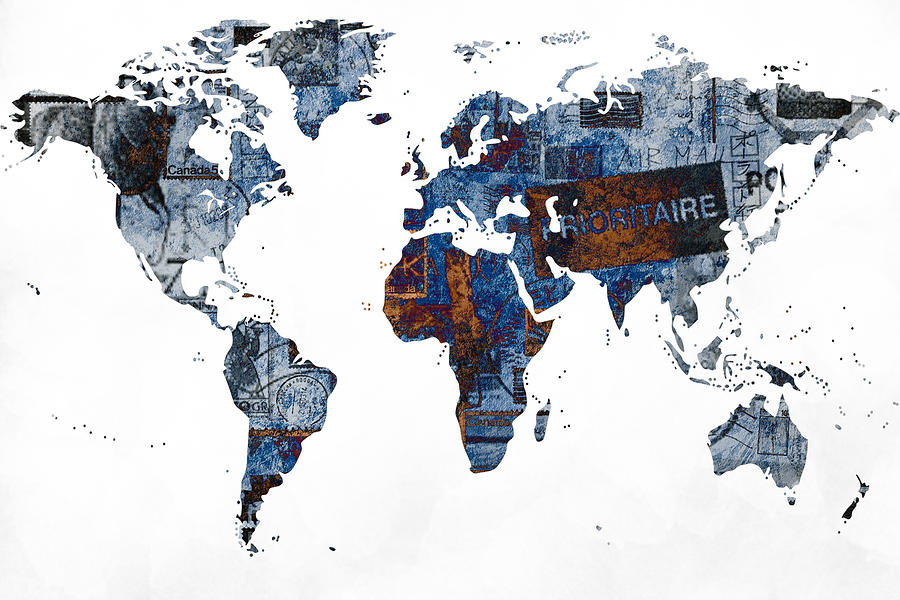 World map post stamps grunge blueprint Digital Art by Eti Reid