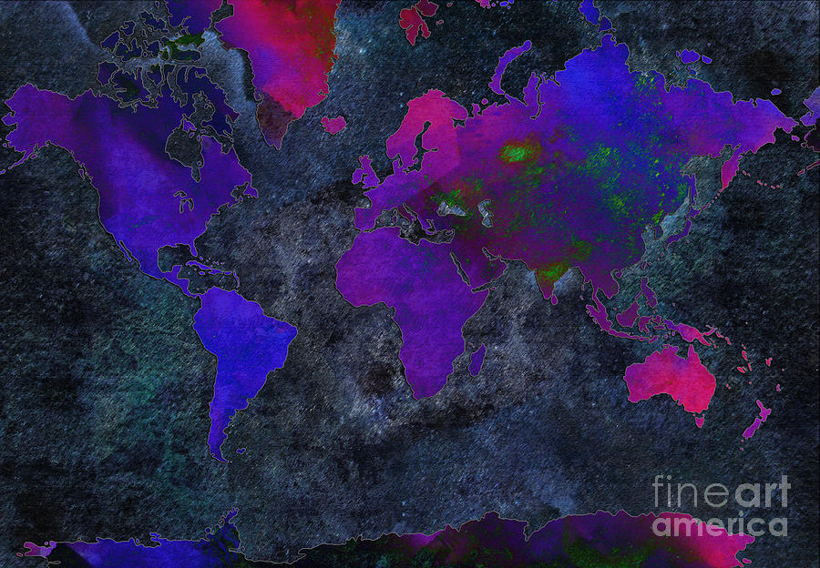 World Map - Purple Flip The Dark Night - Abstract - Digital Painting 2 Digital Art by Andee Design