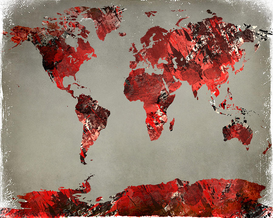 World Map - watercolor red-black-gray Digital Art by Paulette B Wright