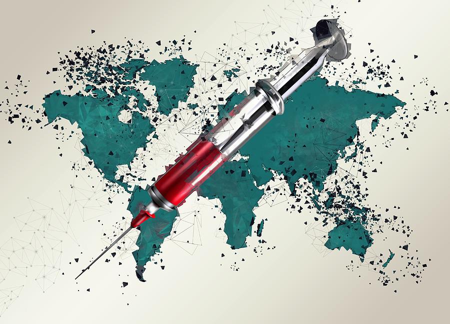 World map with syringe, illustration Drawing by Victor Habbick Visions/science Photo Library