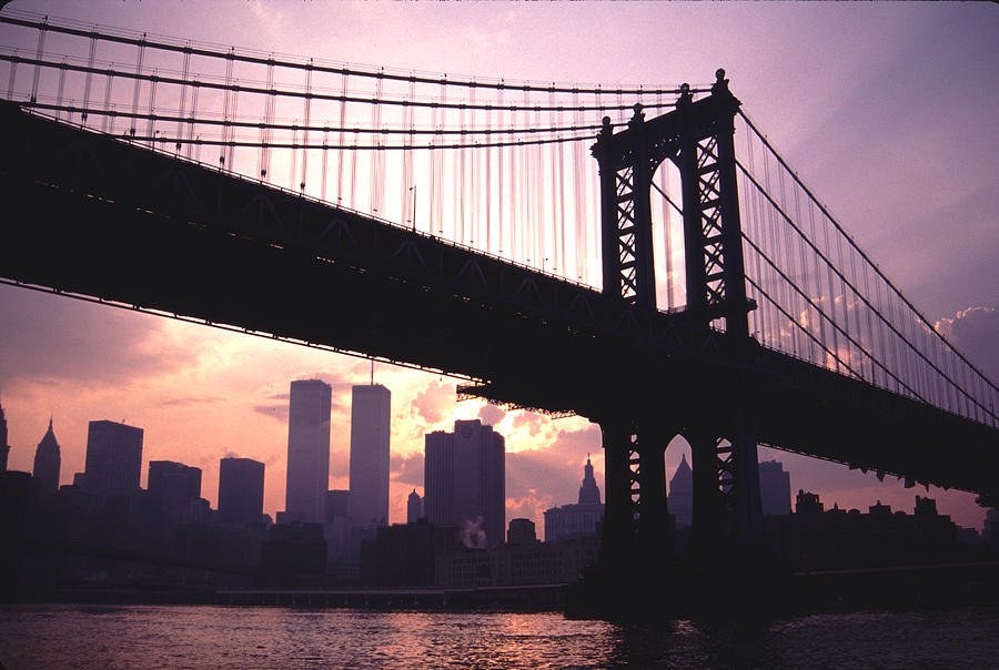 Skyscraper Photograph - World Trade Towers Manhattan Bridge at Sunset NYC by Tom Wurl