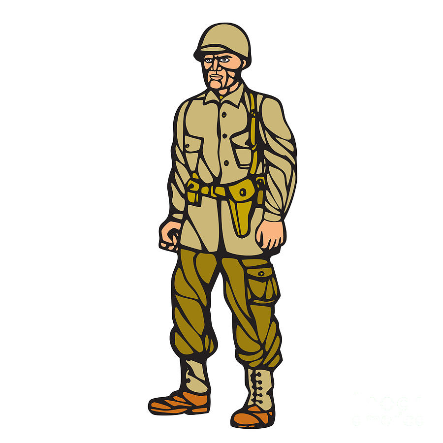 World War Two Soldier Standing Linocut Digital Art by Aloysius Patrimonio