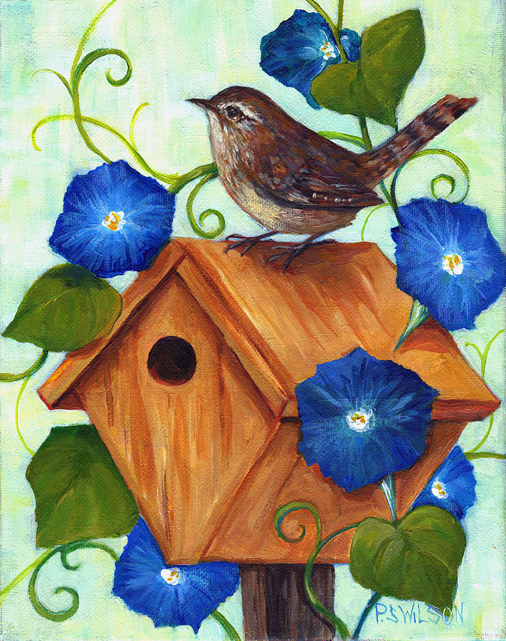 Wren and Morning Glories  Painting by Peggy Wilson