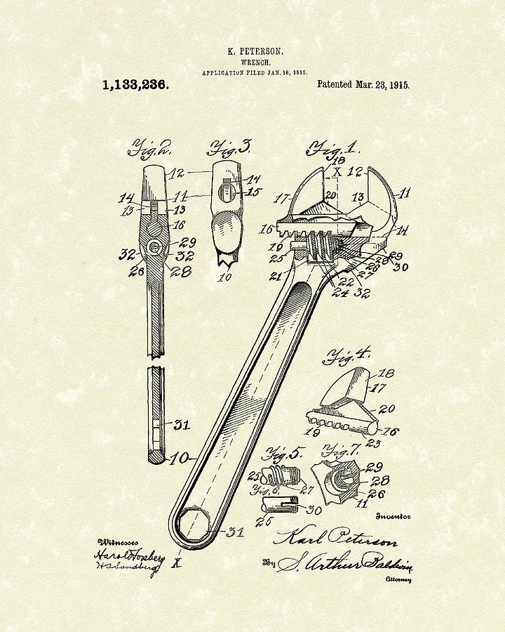 Tool Drawing - Wrench 1915 Patent Art by Prior Art Design