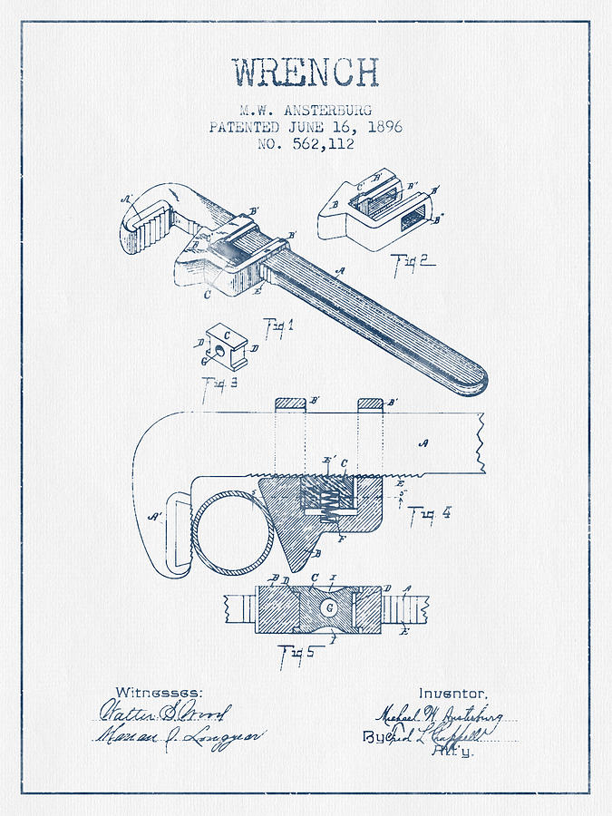 Wrench Patent Drawing From 1896- Blue Ink Digital Art