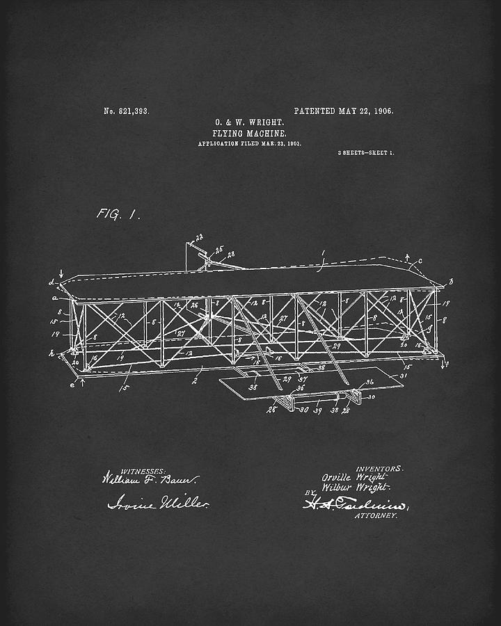Wright Brothers Flying Machine 1906 Patent Art Black Drawing by Prior Art Design