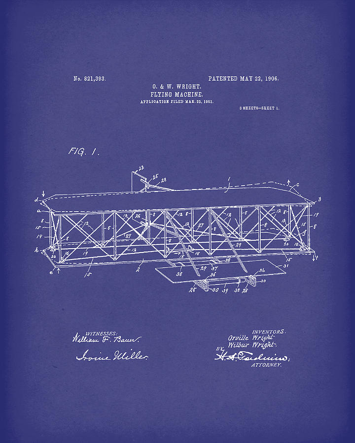 Airplane Drawing - Wright Brothers Flying Machine 1906 Patent Art Blue by Prior Art Design