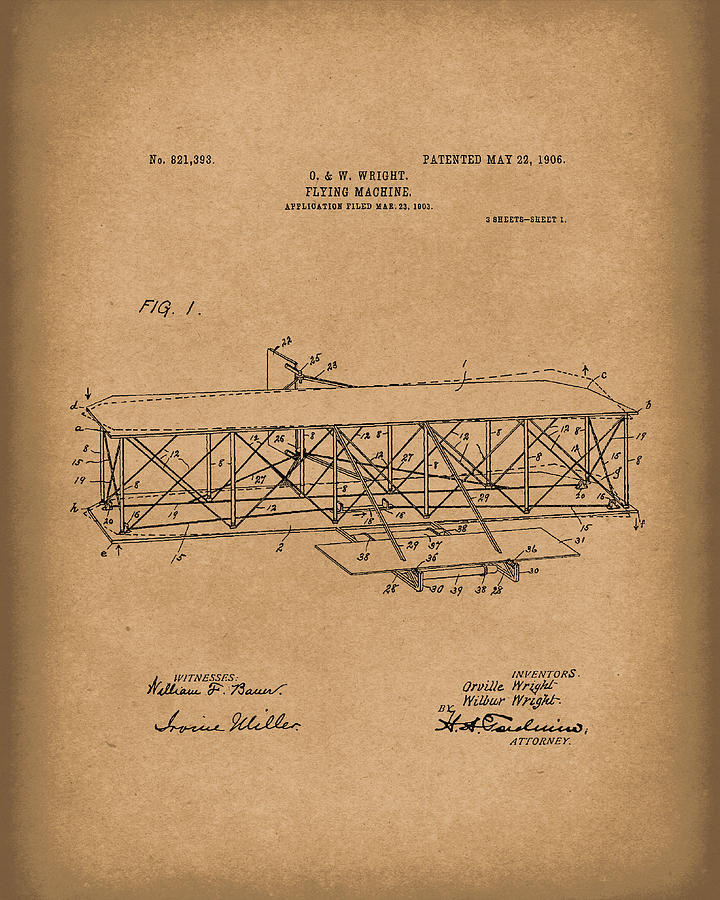 Airplane Drawing - Wright Brothers Flying Machine 1906 Patent Art Brown by Prior Art Design